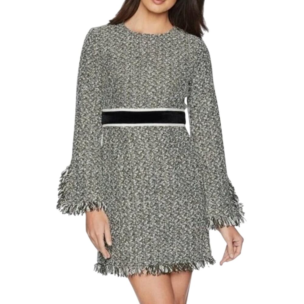 Juicy Couture Black Label Green White Tweed Long Sleeve Fringe Mini Dress size 8
